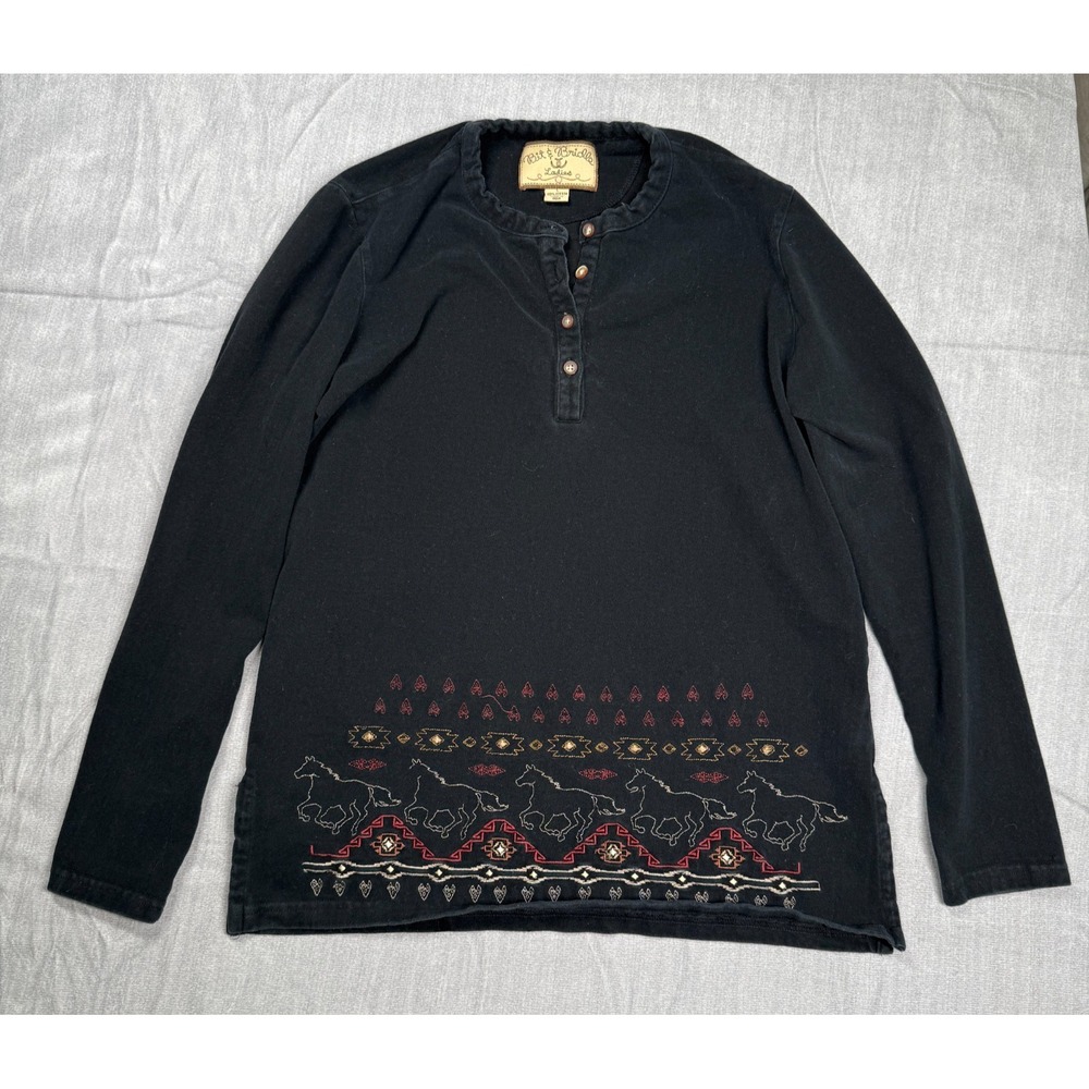 Bit & Bridle Womens Black Western Horse Embroidered Henley Top Size M